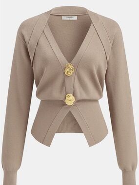 Commense Gold Metal Detail V-Neck Wool Blend Soft Knit Sweater in Khaki Size M